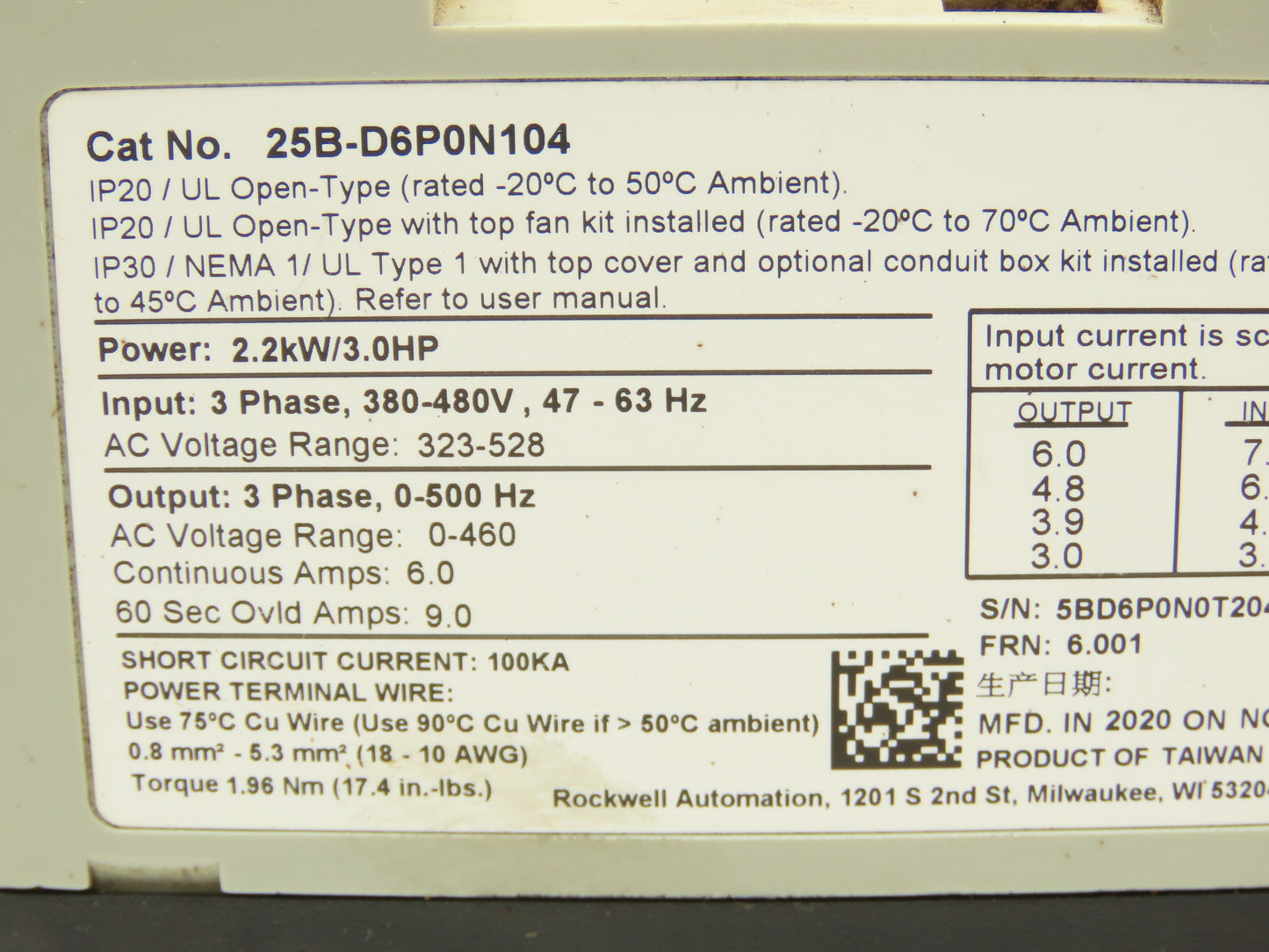 Allen Bradley 25B-D6P0N104 Powerflex 525 3Hp VFD AC Drive 480V 50/60Hz FRN 6.001