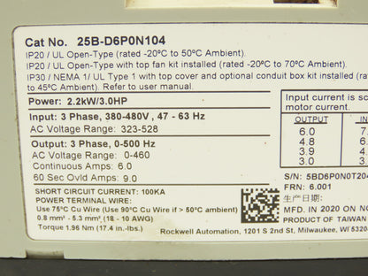 Allen Bradley 25B-D6P0N104 Powerflex 525 3Hp VFD AC Drive 480V 50/60Hz FRN 6.001
