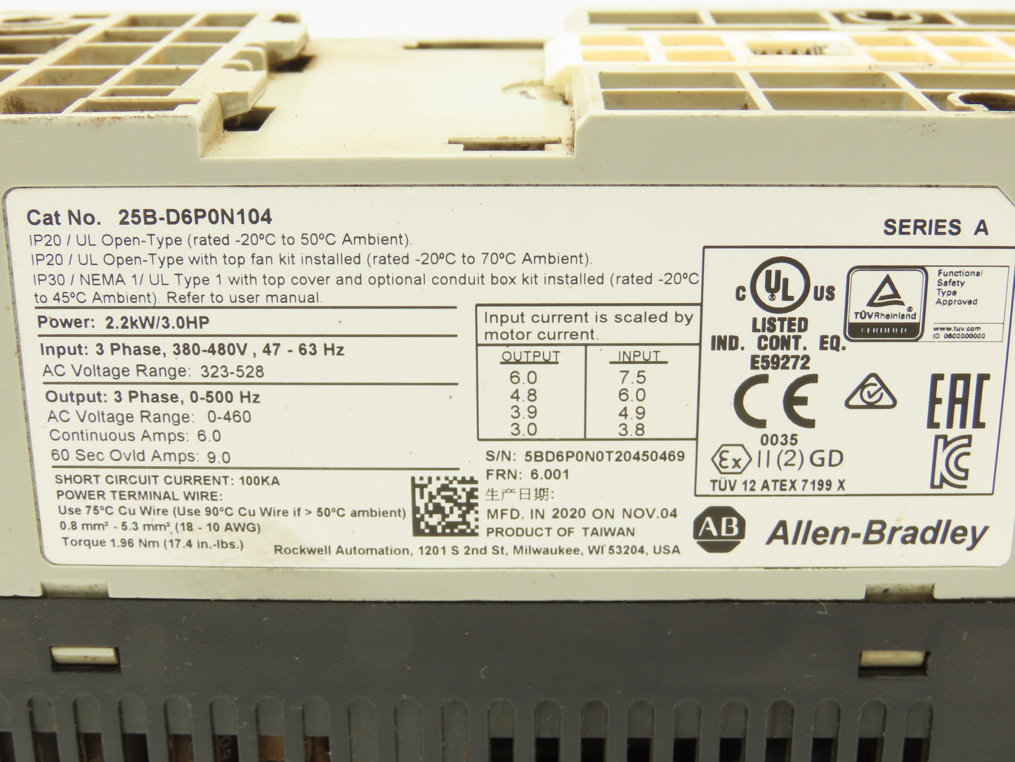 Allen Bradley 25B-D6P0N104 Powerflex 525 3Hp VFD AC Drive 480V 50/60Hz FRN 6.001