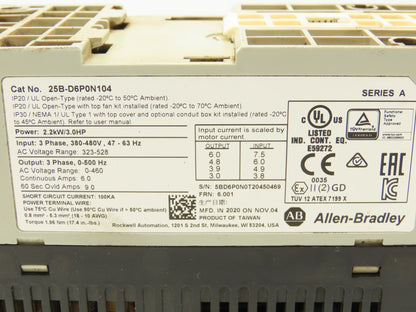 Allen Bradley 25B-D6P0N104 Powerflex 525 3Hp VFD AC Drive 480V 50/60Hz FRN 6.001