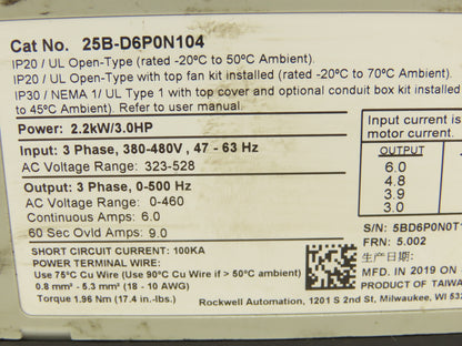Allen Bradley 25B-D6P0N104 Powerflex 525 3Hp VFD AC Drive 480V 50/60Hz FRN 5.002