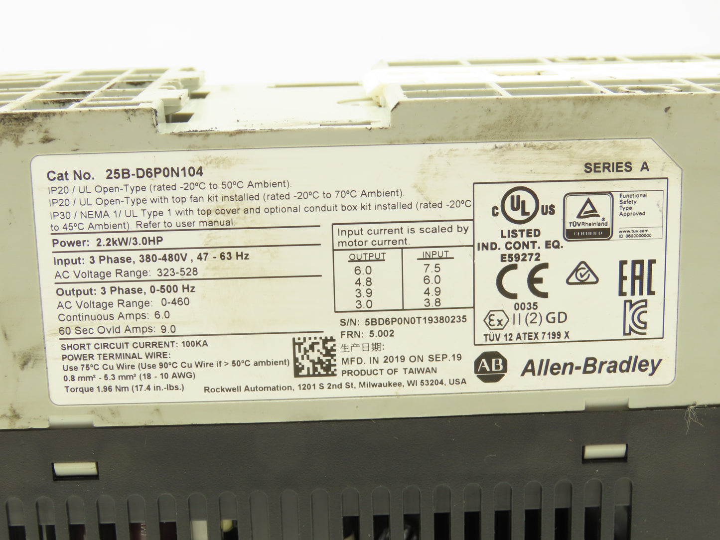 Allen Bradley 25B-D6P0N104 Powerflex 525 3Hp VFD AC Drive 480V 50/60Hz FRN 5.002