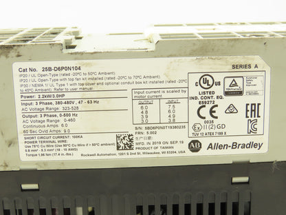 Allen Bradley 25B-D6P0N104 Powerflex 525 3Hp VFD AC Drive 480V 50/60Hz FRN 5.002