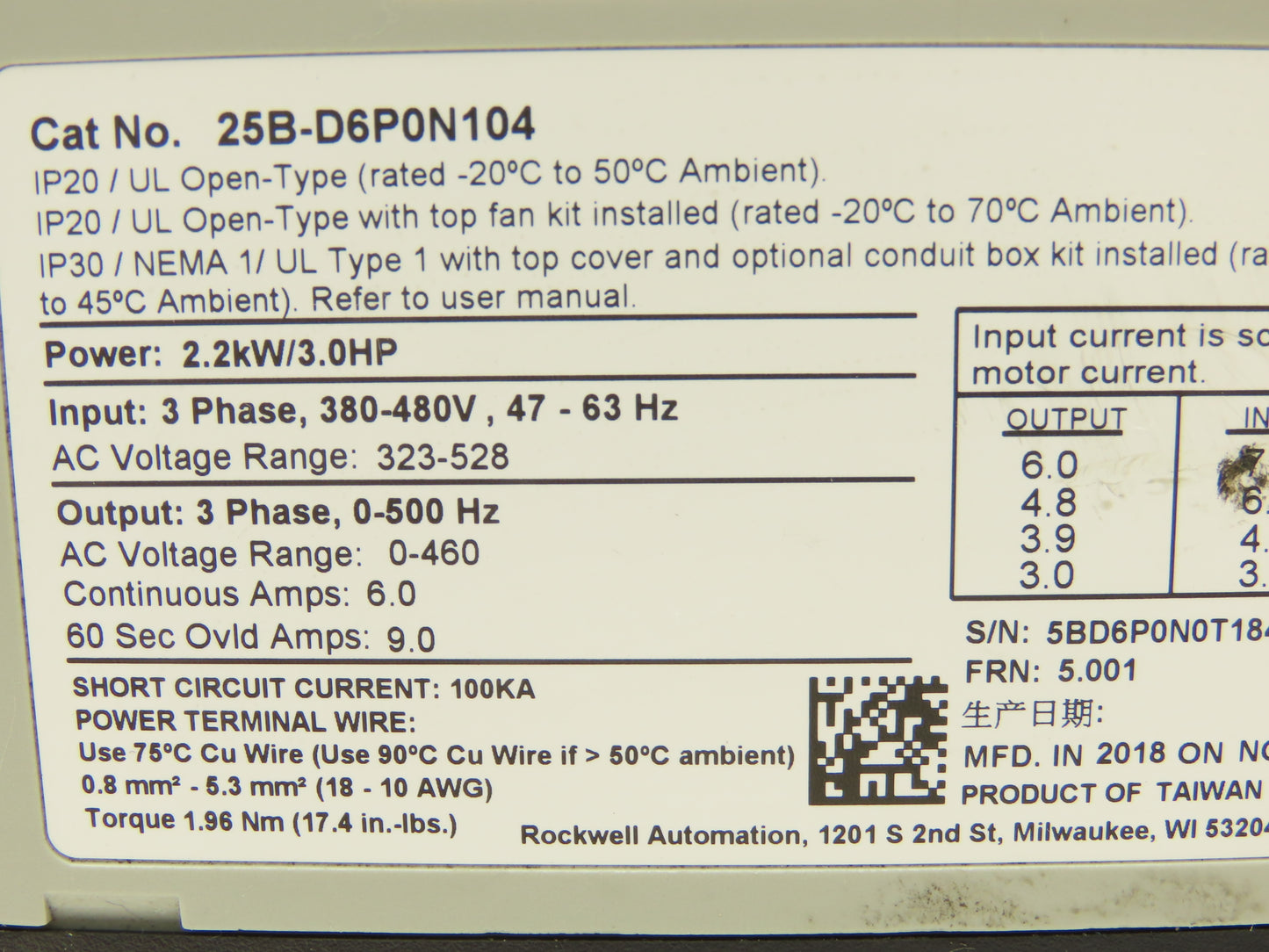 Allen Bradley 25B-D6P0N104 Powerflex 525 3Hp VFD AC Drive 480V 50/60Hz FRN 5.001