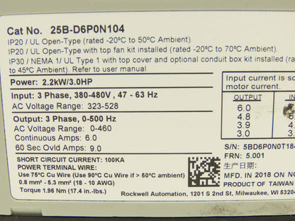 Allen Bradley 25B-D6P0N104 Powerflex 525 3Hp VFD AC Drive 480V 50/60Hz FRN 5.001