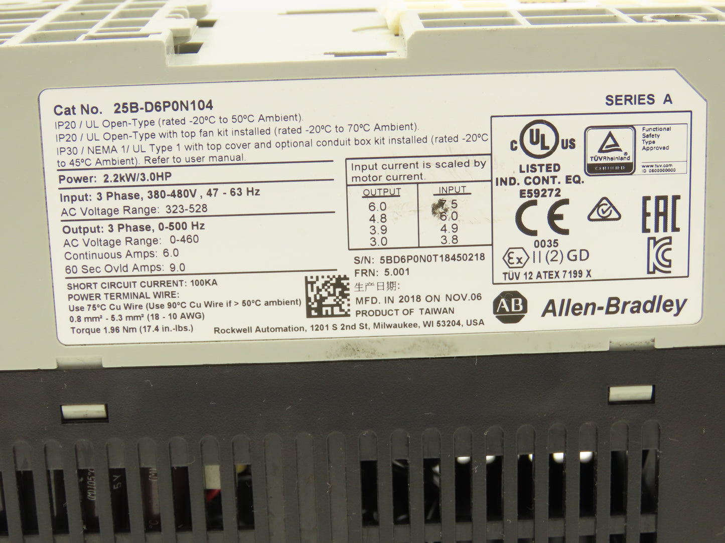 Allen Bradley 25B-D6P0N104 Powerflex 525 3Hp VFD AC Drive 480V 50/60Hz FRN 5.001