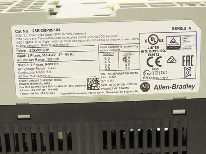 Allen Bradley 25B-D6P0N104 Powerflex 525 3Hp VFD AC Drive 480V 50/60Hz FRN 5.001