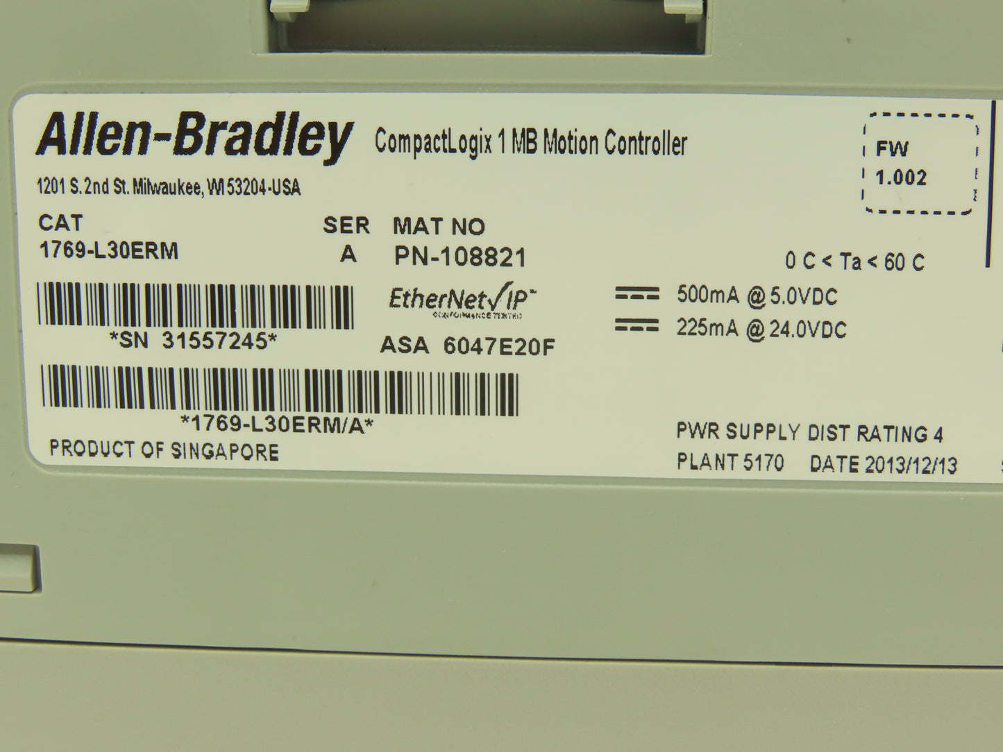 Allen Bradley 1769-L30ERM CompactLogix Motion Controller 1MB Ethernet IP Ser A