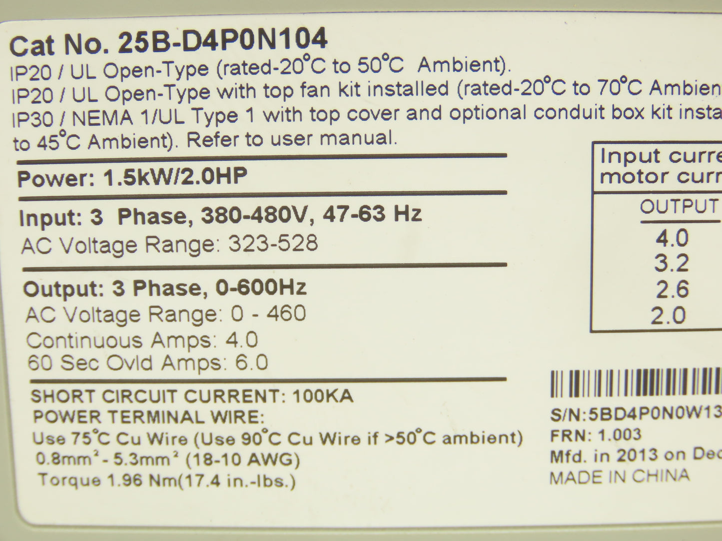 Allen Bradley 25B-D4P0N104 PowerFlex 525 AC Drive 1.5kW 2Hp 480V 3ph FRN 1.003