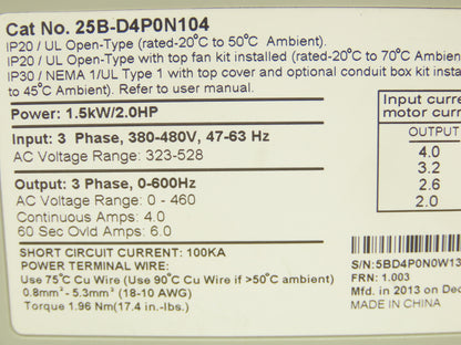 Allen Bradley 25B-D4P0N104 PowerFlex 525 AC Drive 1.5kW 2Hp 480V 3ph FRN 1.003
