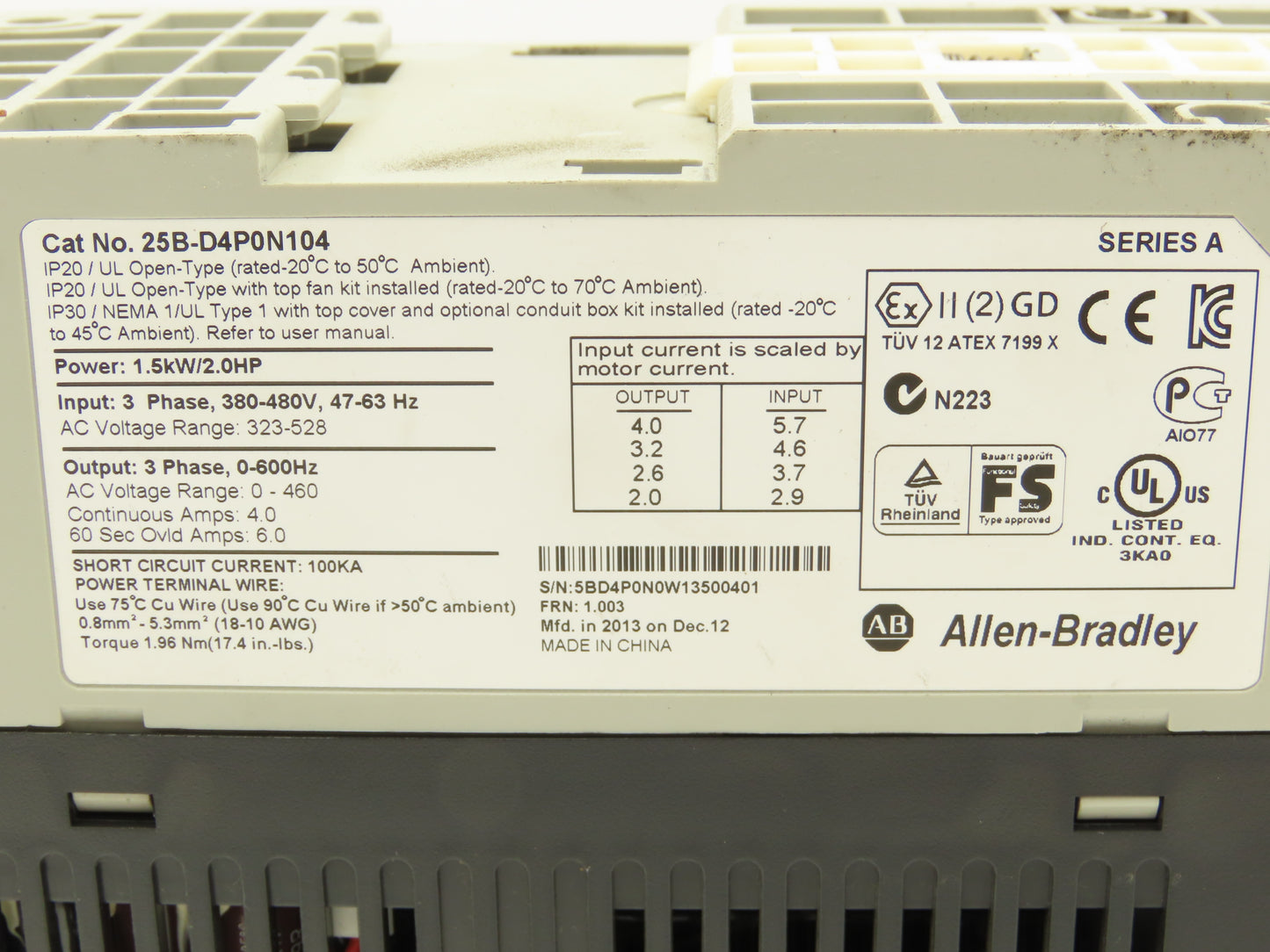 Allen Bradley 25B-D4P0N104 PowerFlex 525 AC Drive 1.5kW 2Hp 480V 3ph FRN 1.003