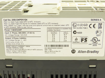 Allen Bradley 25B-D4P0N104 PowerFlex 525 AC Drive 1.5kW 2Hp 480V 3ph FRN 1.003