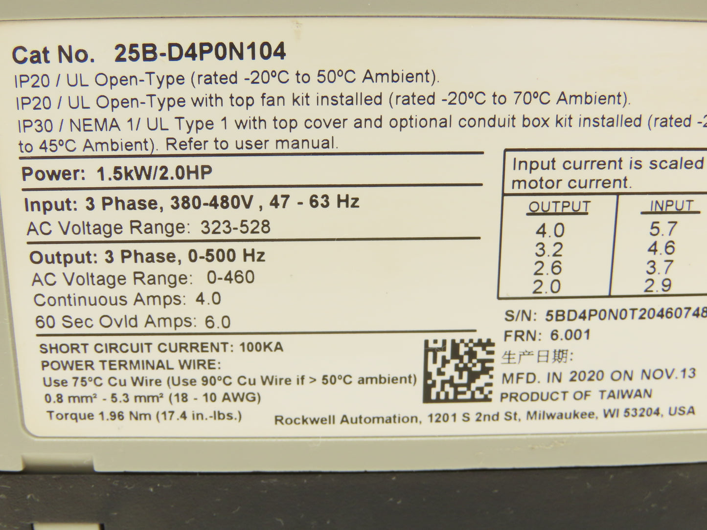 Allen Bradley 25B-D4P0N104 PowerFlex 525 AC Drive 1.5kW 2Hp 480V 3ph FRN 6.001