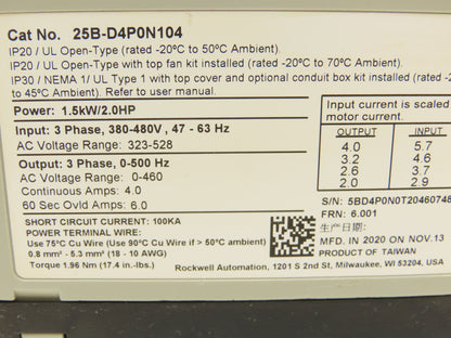 Allen Bradley 25B-D4P0N104 PowerFlex 525 AC Drive 1.5kW 2Hp 480V 3ph FRN 6.001
