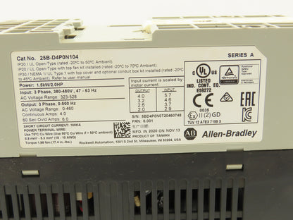 Allen Bradley 25B-D4P0N104 PowerFlex 525 AC Drive 1.5kW 2Hp 480V 3ph FRN 6.001