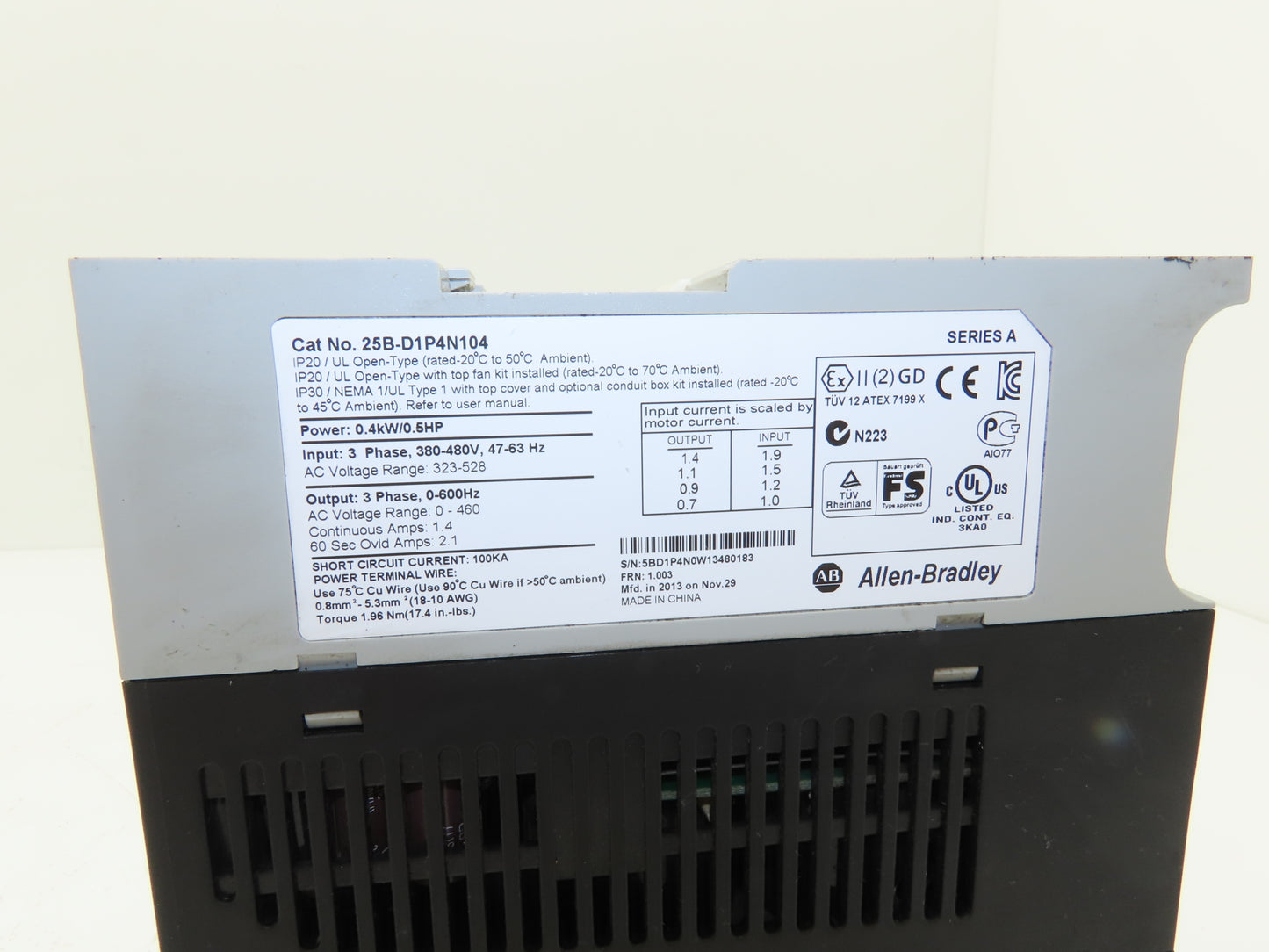 Allen Bradley 25B-D1P4N104 PowerFlex 525 AC Drive 0.4kW .5Hp 480V 3ph FRN 1.003