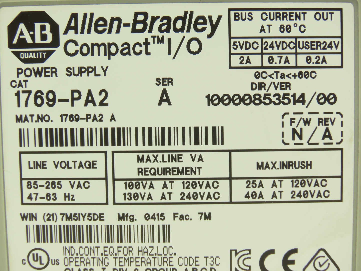 Allen Bradley 1769-PA2 Compact I/O Power Supply Series A