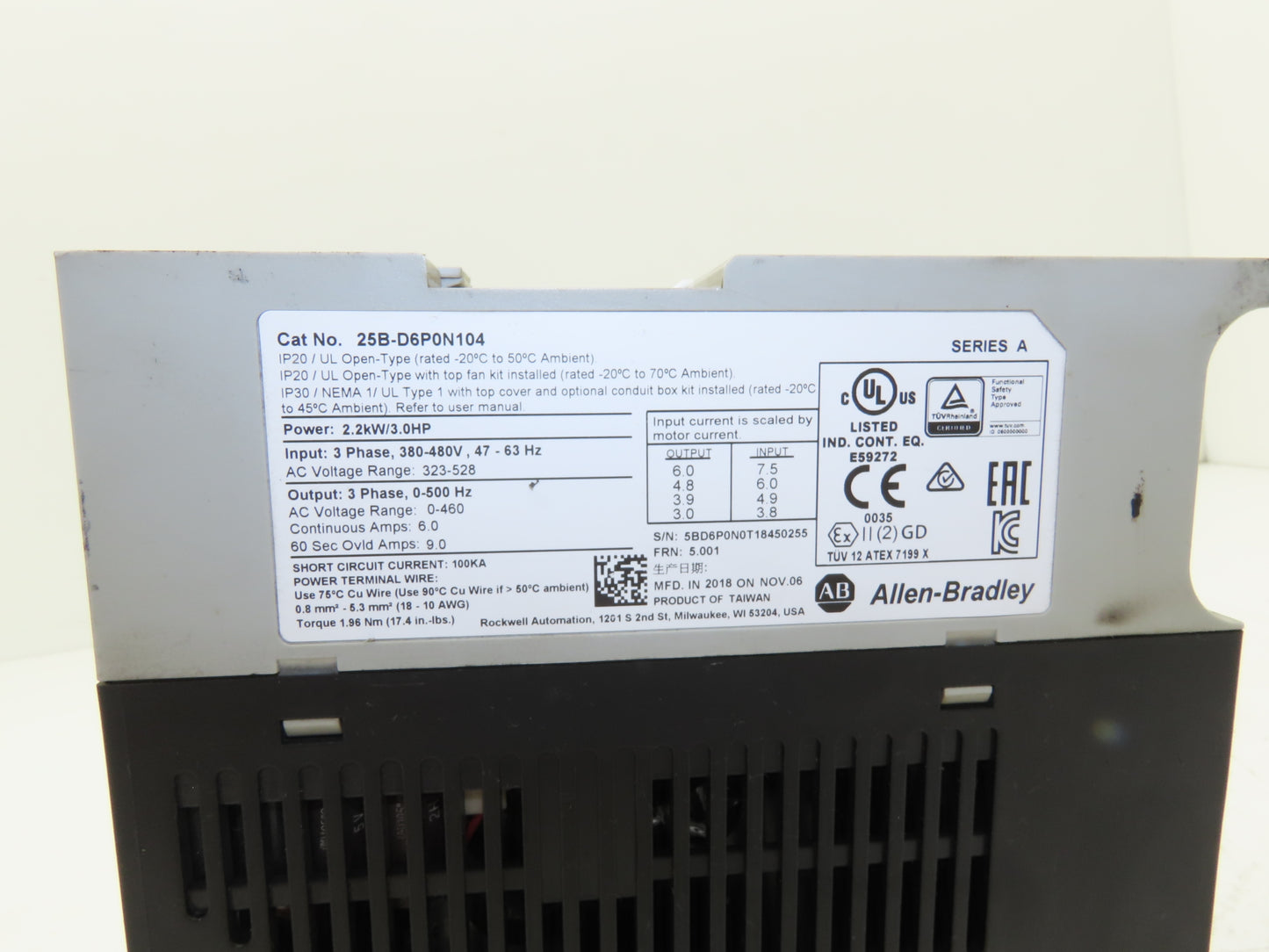 Allen Bradley 25B-D6P0N104 Powerflex 525 3Hp VFD AC Drive 480V 50/60Hz FRN 5.001