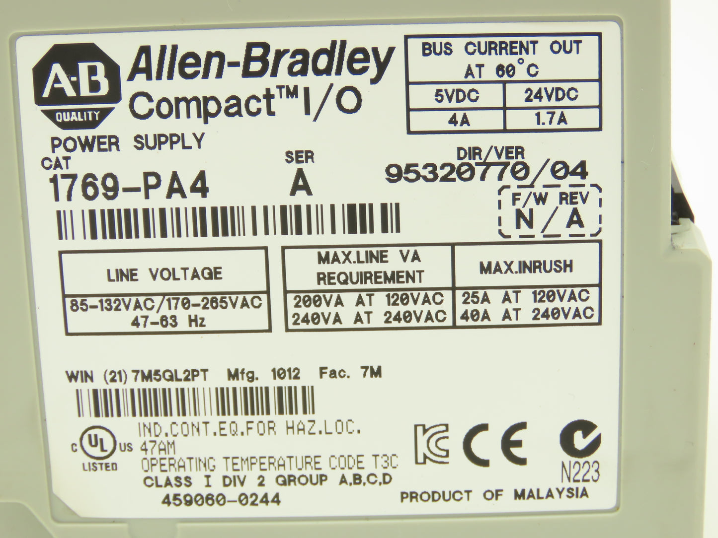 Allen Bradley 1769-PA4 Compact I/O PLC Power Supply Ser A