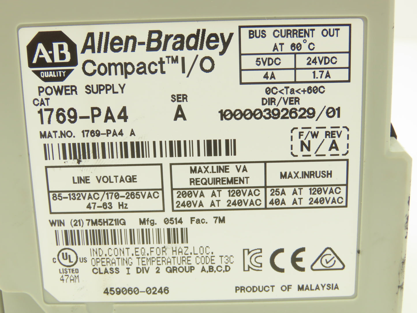 Allen Bradley 1769-PA4 Compact I/O PLC Power Supply Ser A Ver 10000392629/01