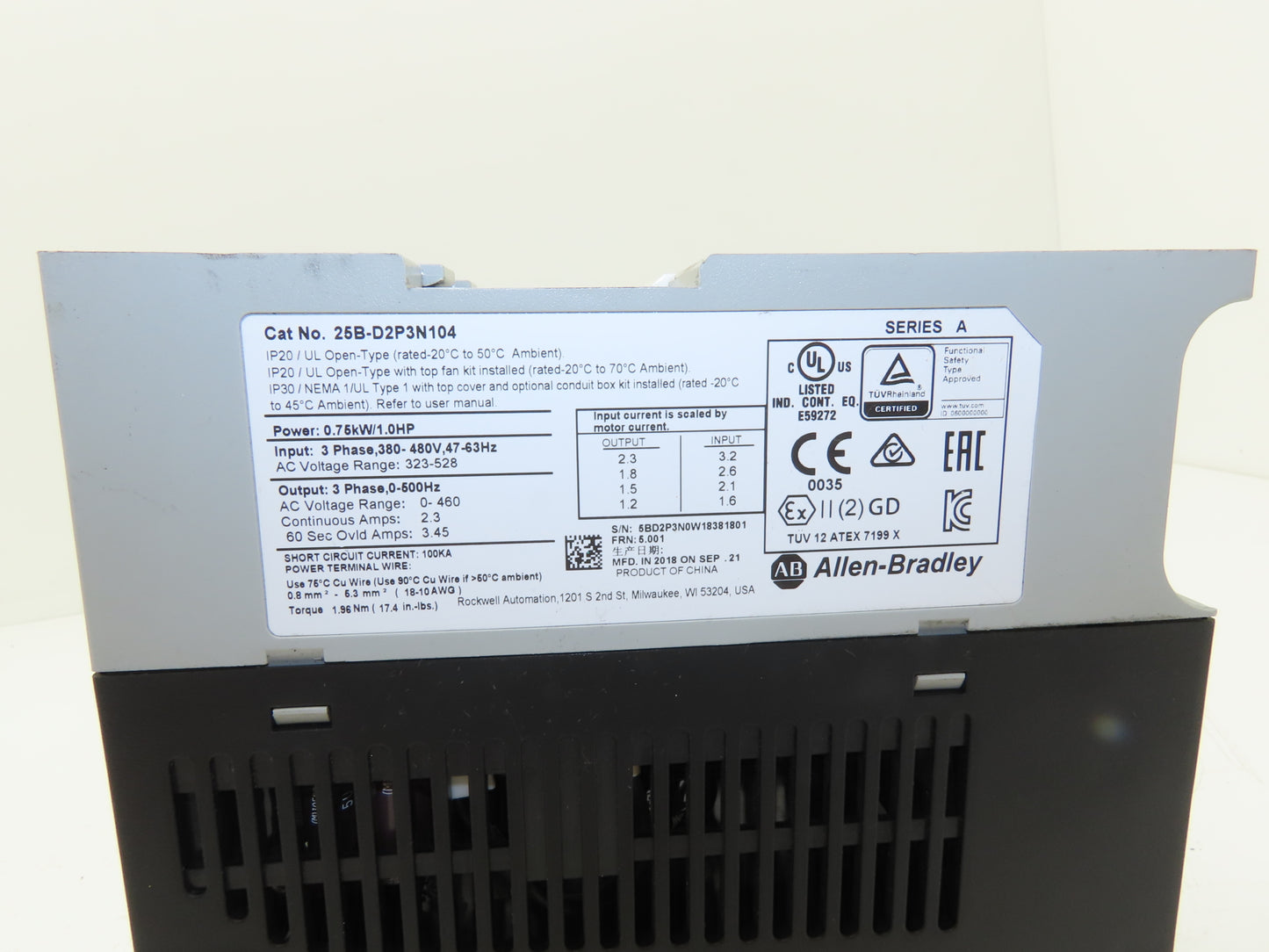 Allen Bradley 25B-D2P3N104 PowerFlex 525 VFD AC Drive 1Hp 480V 3Ph FRN 5.001