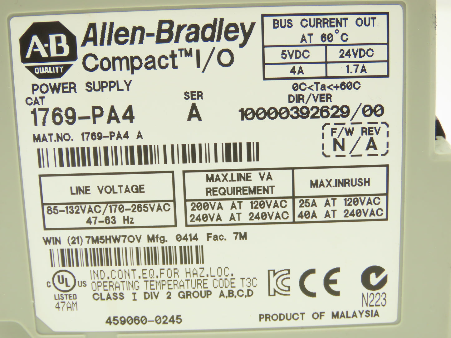 Allen Bradley 1769-PA4 Compact I/O PLC Power Supply Ser A Ver 10000392629/00