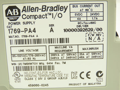 Allen Bradley 1769-PA4 Compact I/O PLC Power Supply Ser A Ver 10000392629/00