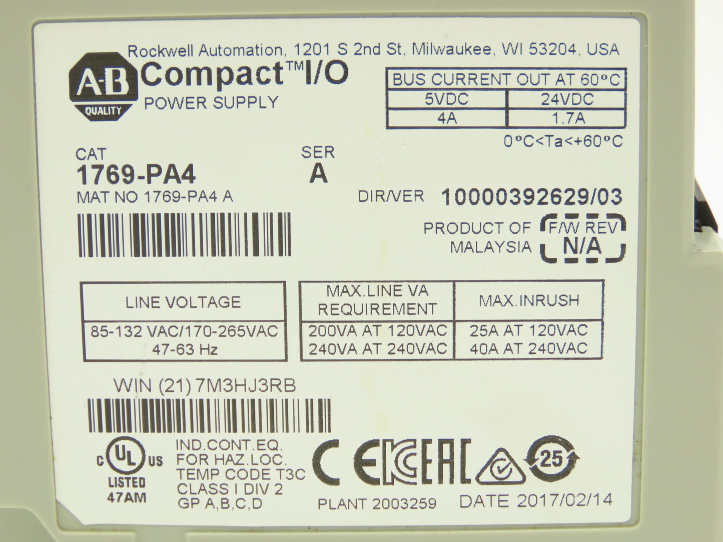 Allen Bradley 1769-PA4 Compact I/O PLC Power Supply Ser A Ver 10000392629/03