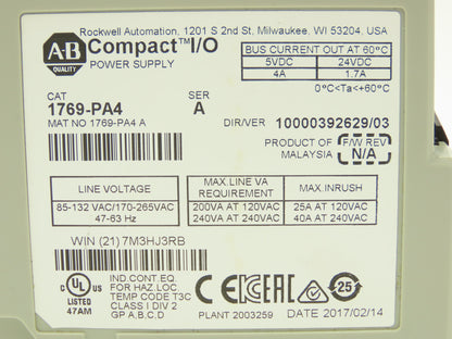 Allen Bradley 1769-PA4 Compact I/O PLC Power Supply Ser A Ver 10000392629/03