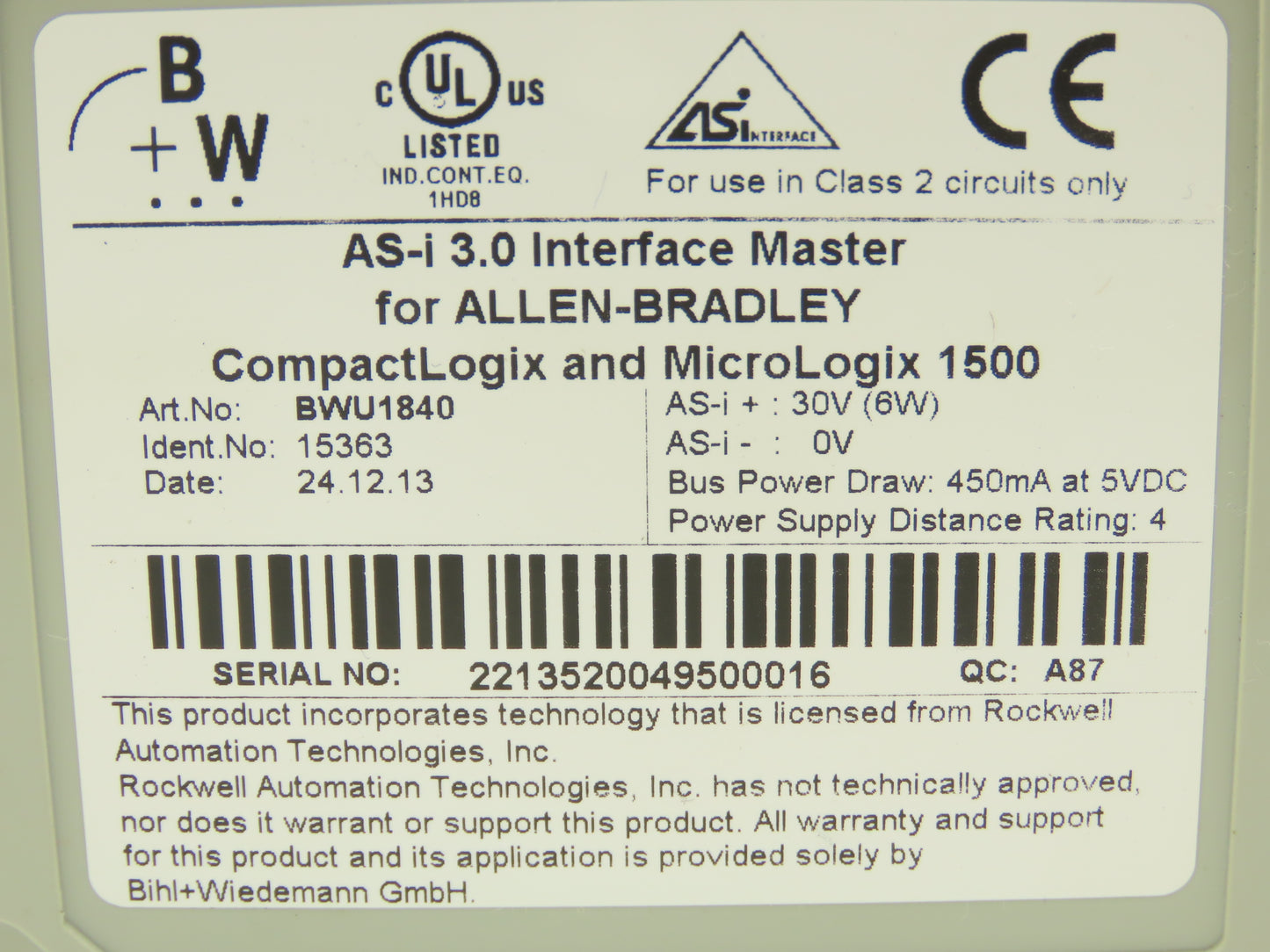 Bihl Wiedemann BWU1840 AS-i 3.0 Interface Master AB Compact & Micro Logix 1500