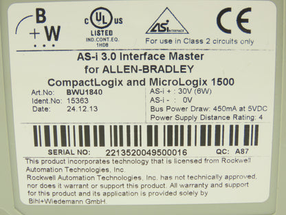 Bihl Wiedemann BWU1840 AS-i 3.0 Interface Master AB Compact & Micro Logix 1500