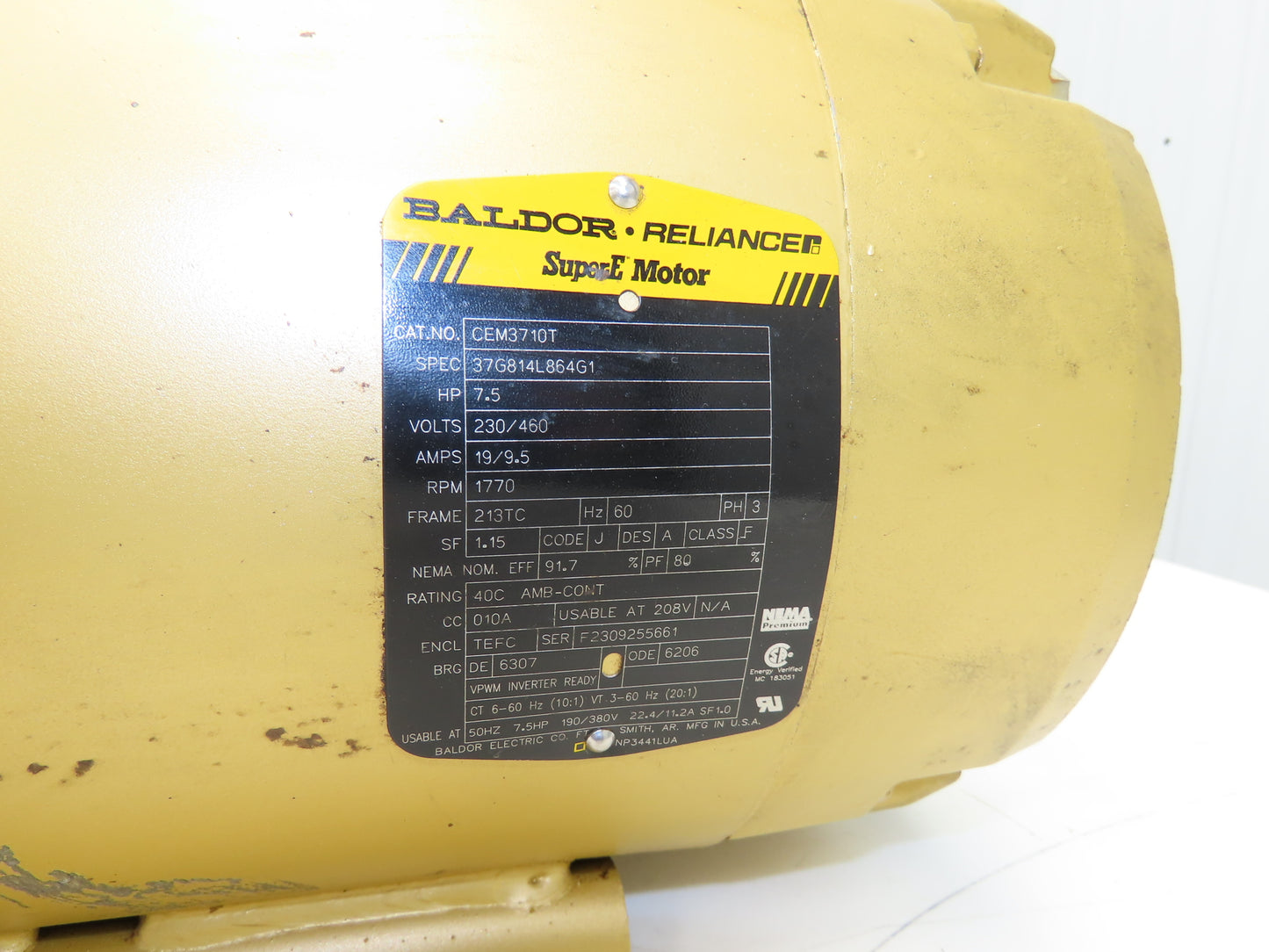 Baldor CEM3710T AC Motor 7.5Hp 1770 RPM 230/460V 3PH 213TC Super E