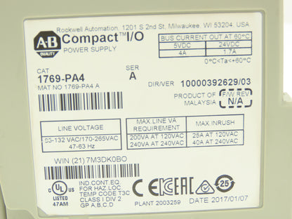 Allen Bradley 1769-PA4 Compact I/O PLC Power Supply Ser A Ver 10000392629/03