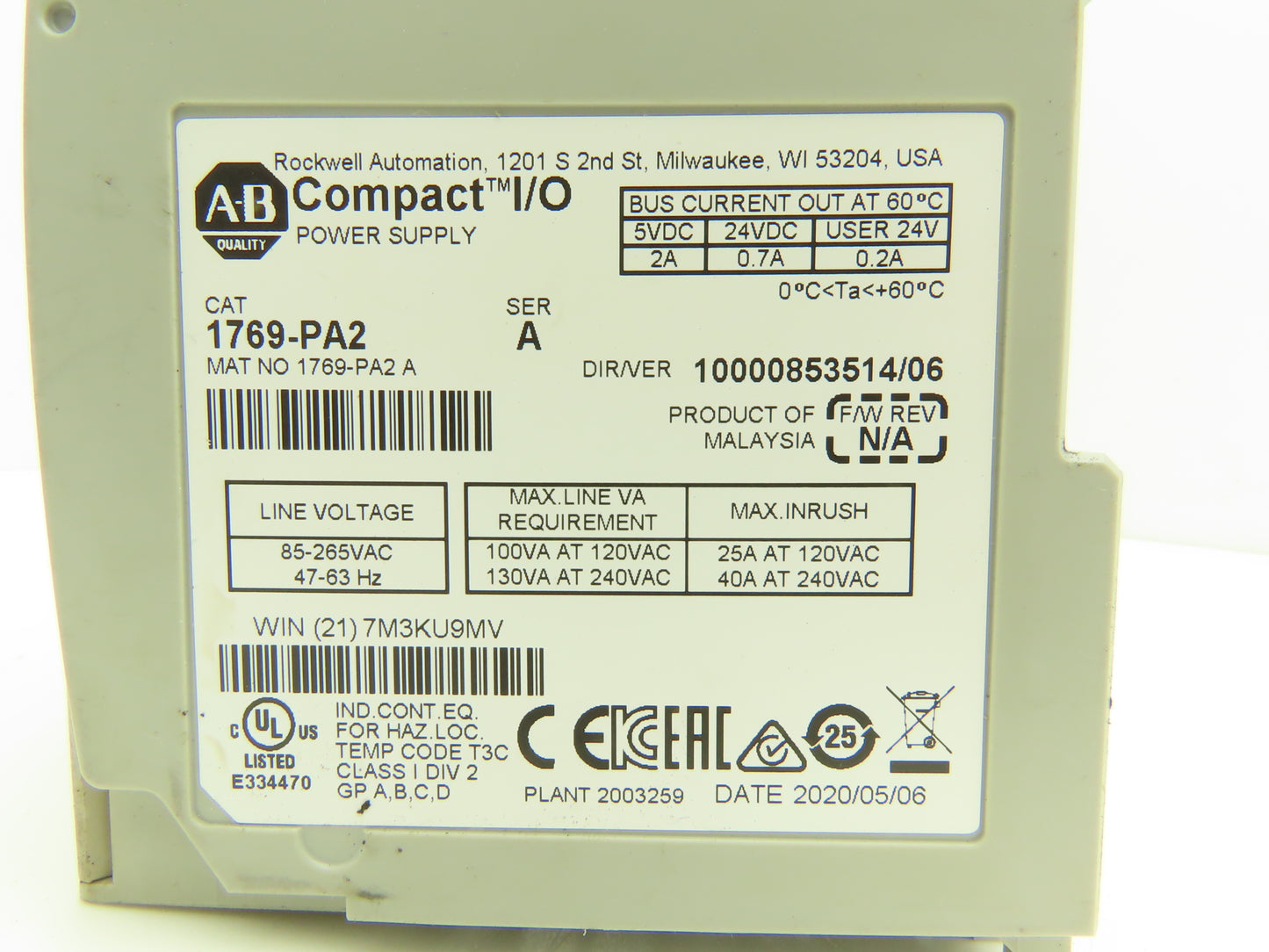 Allen Bradley 1769-PA2 Compact I/O PLC Power Supply Ser A Ver 10000853514/06