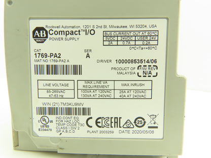 Allen Bradley 1769-PA2 Compact I/O PLC Power Supply Ser A Ver 10000853514/06