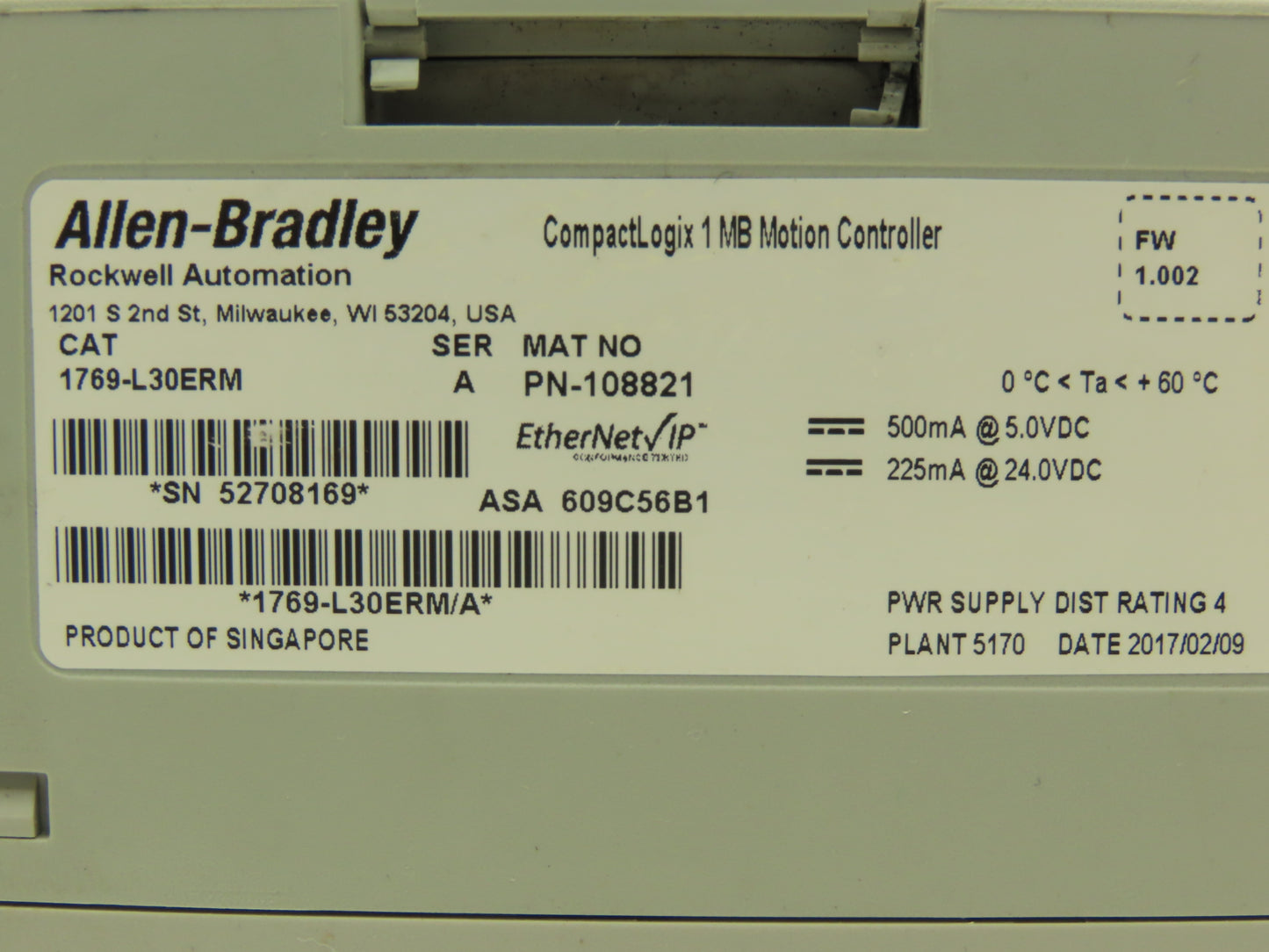 Allen Bradley 1769-L30ERM CompactLogix Motion Controller 1MB Ethernet IP Ser A