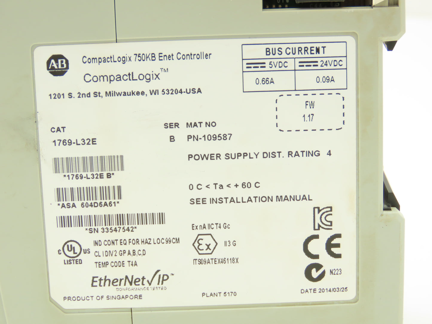 Allen Bradley 1769-L32E CompactLogix Ethernet Controller Processor Ser B 109587