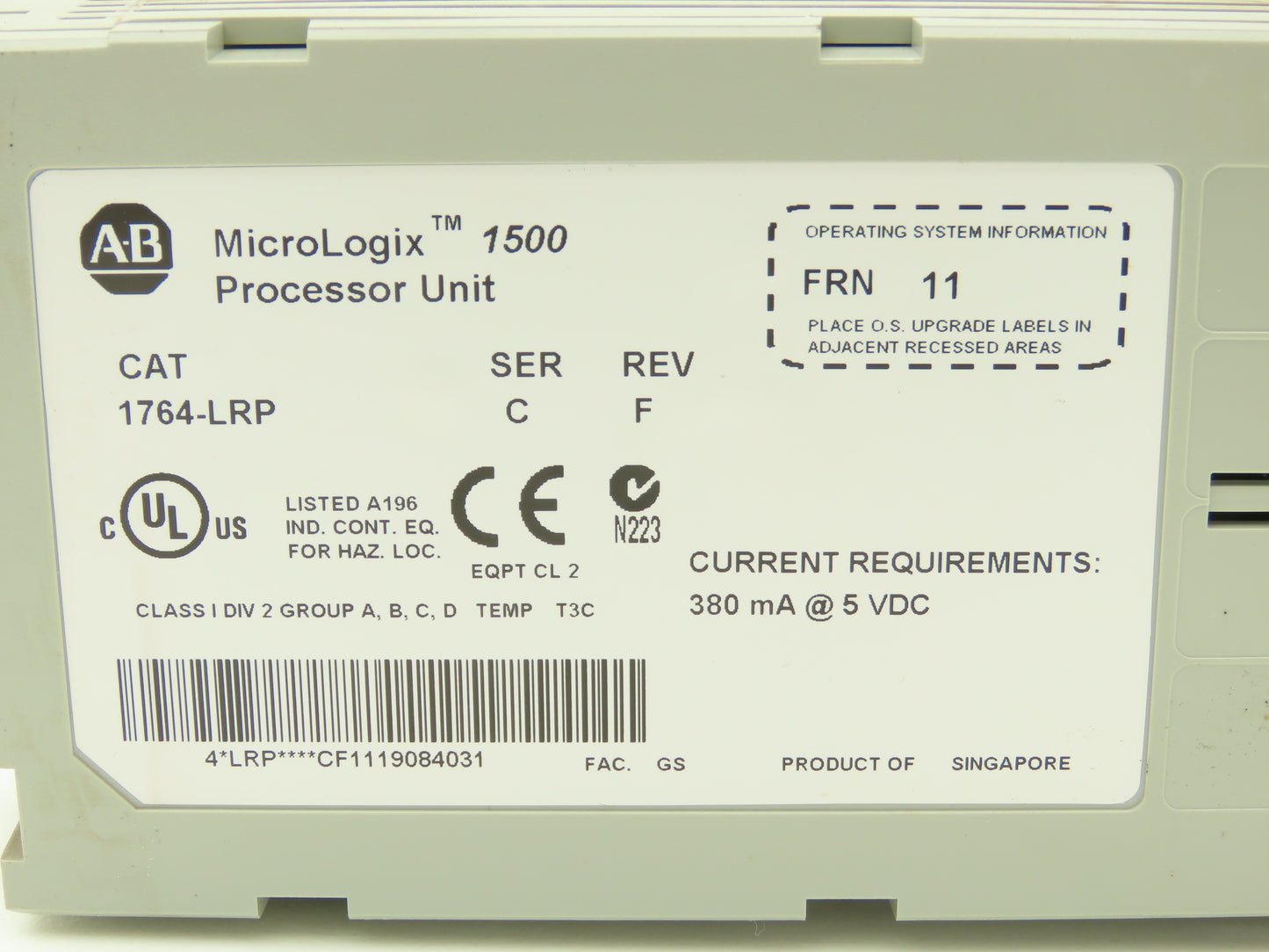 Allen Bradley 1764-LRP MicroLogix 1500 Processor Unit Ser C Rev F FRN 11