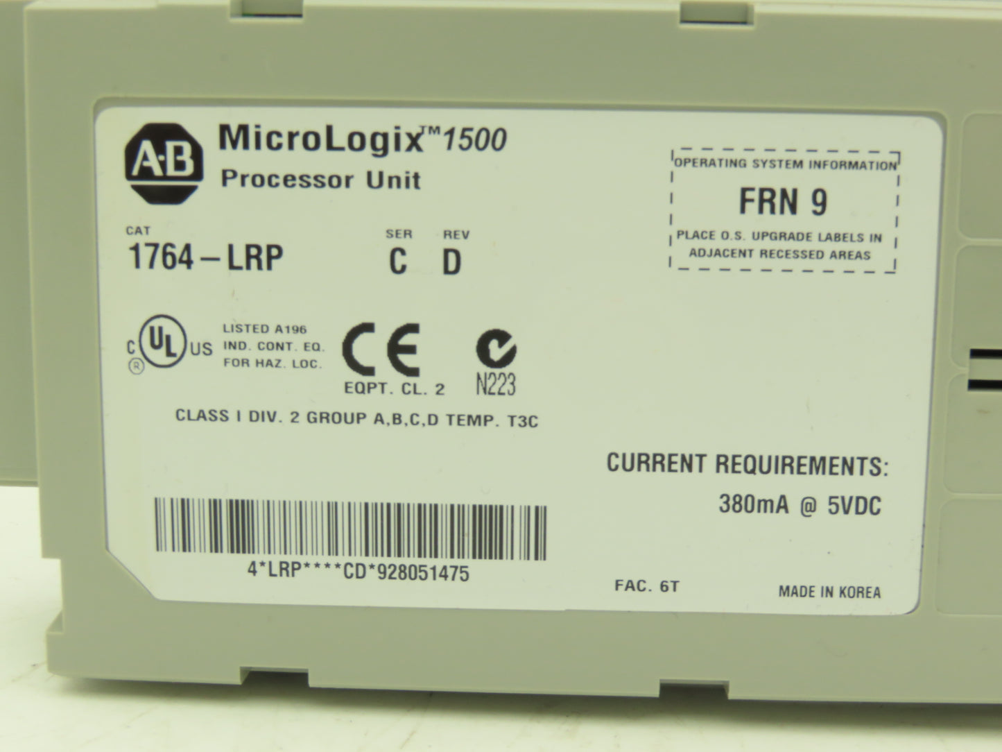 Allen Bradley 1764-LRP MicroLogix 1500 Processor Unit Ser C Rev D FRN 9