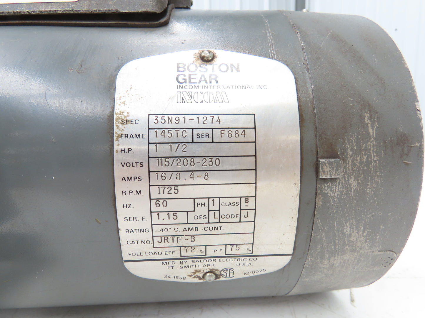 Baldor Boston Gear JRTF-B AC Motor 1.5Hp 1725 RPM 115V/208-230V 1PH 145TC