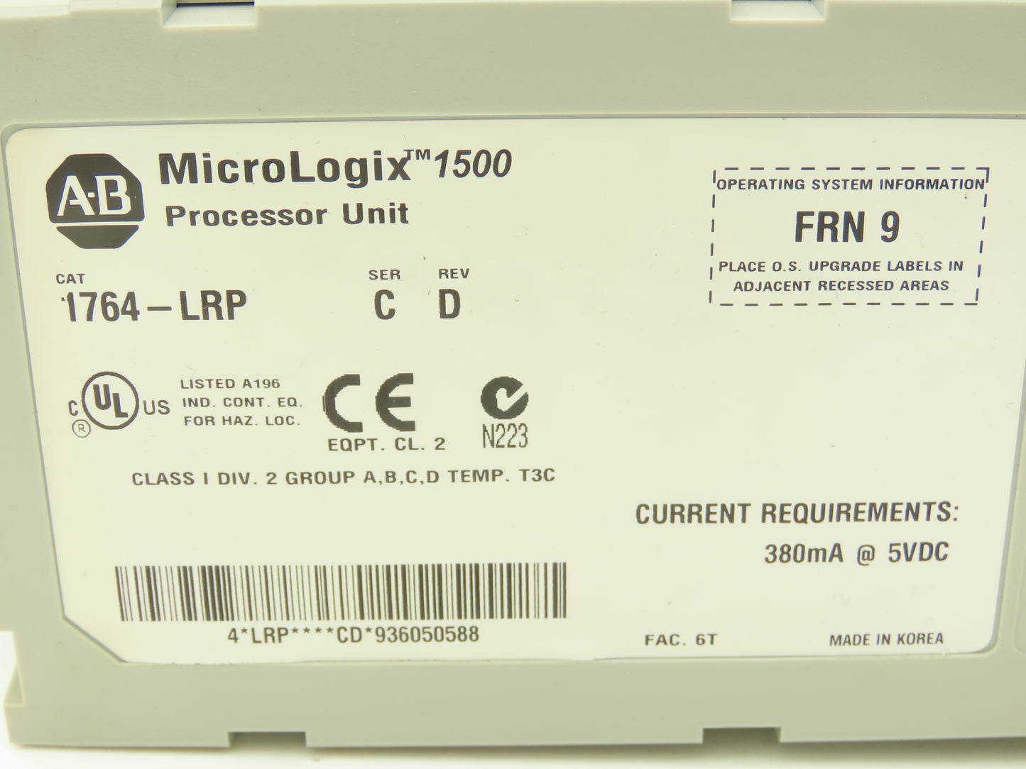 Allen Bradley 1764-LRP MicroLogix 1500 Processor Unit Ser C Rev D FRN 9 READ