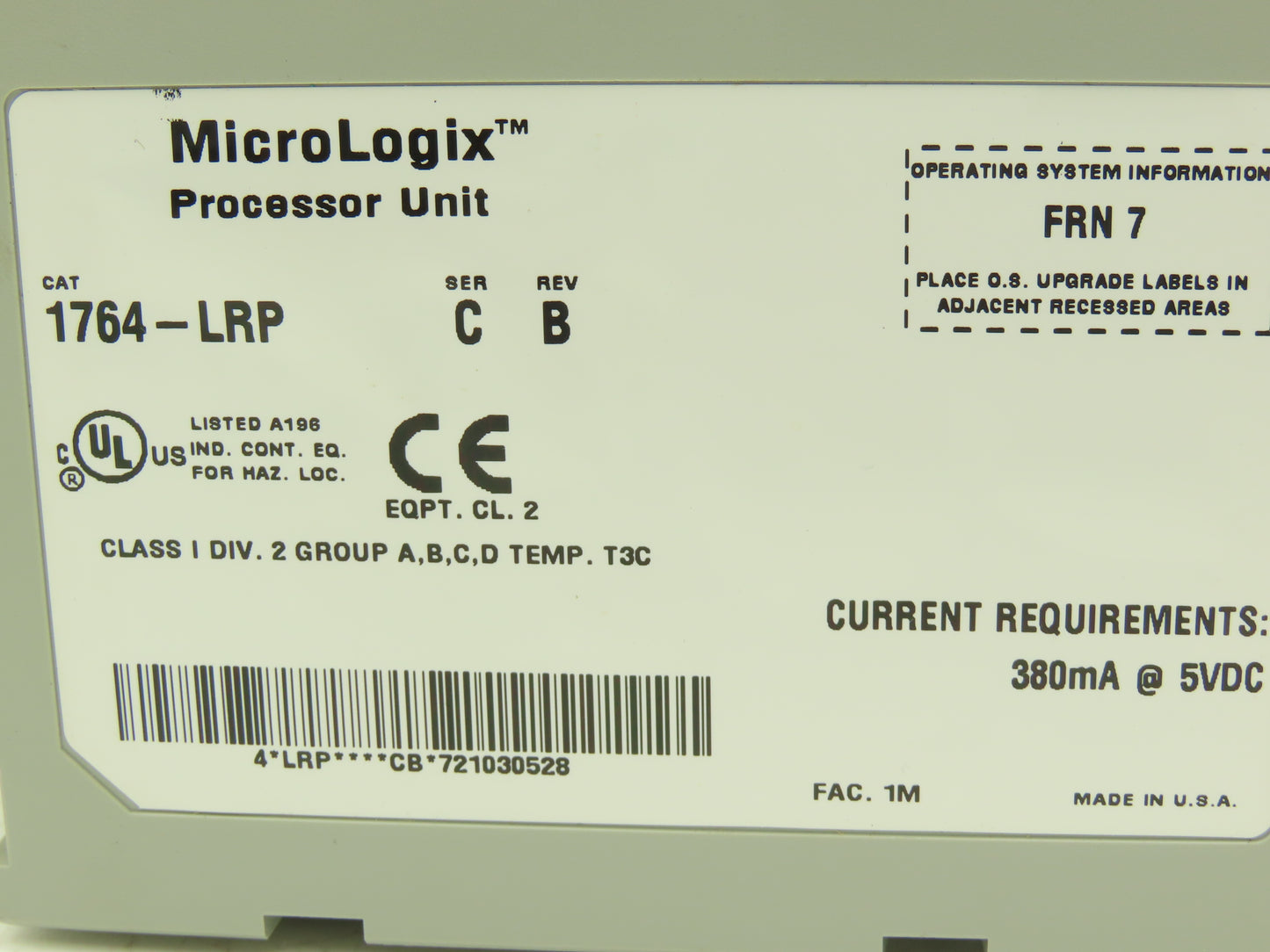 Allen Bradley 1764-LRP MicroLogix 1500 Processor Unit Ser C Rev B FRN 7