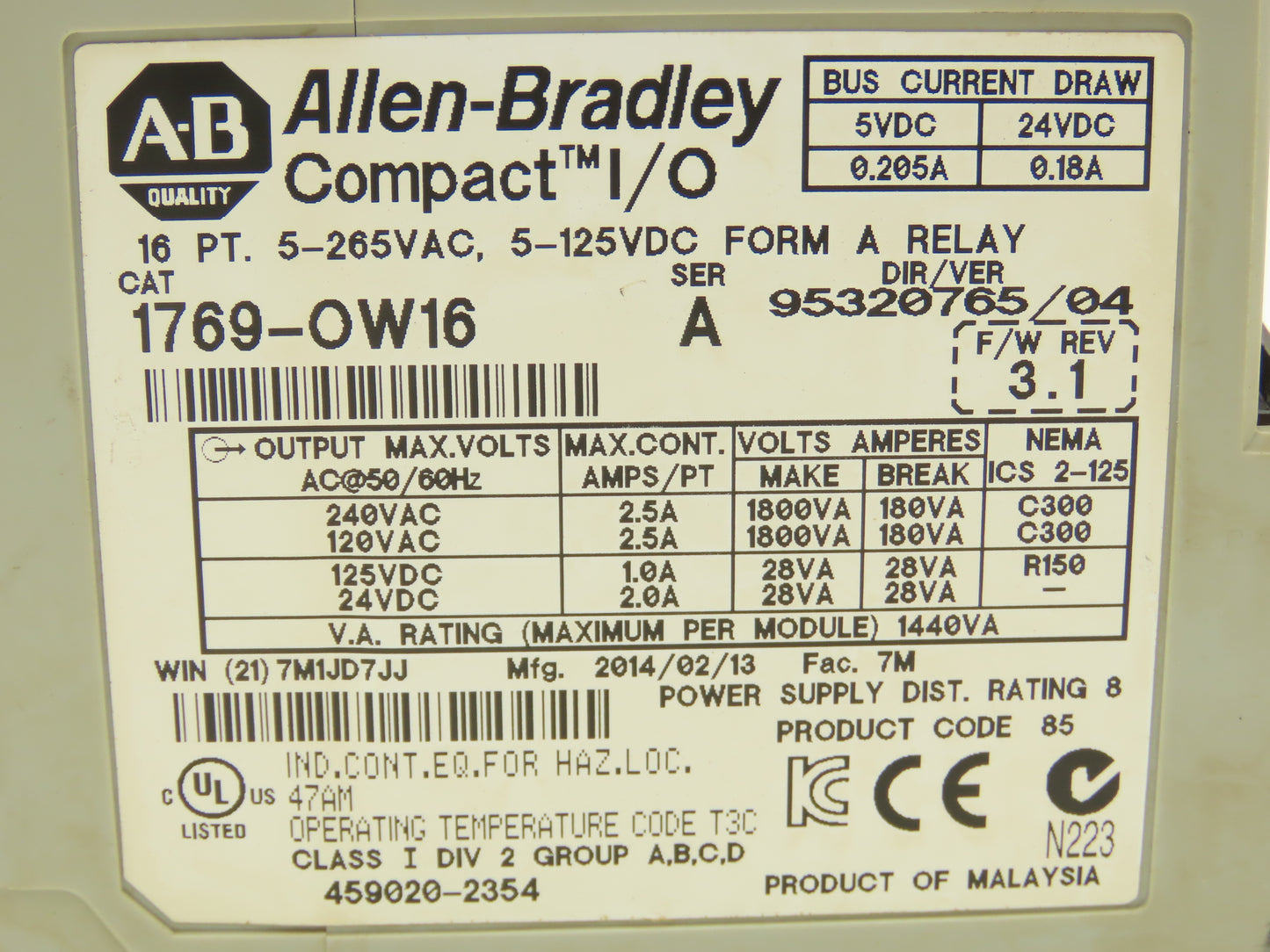 Allen Bradley 1769-OW16 Compact 16 Point Output Relay Module Ser A FW 3.1