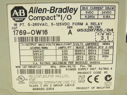 Allen Bradley 1769-OW16 Compact 16 Point Output Relay Module Ser A FW 3.1