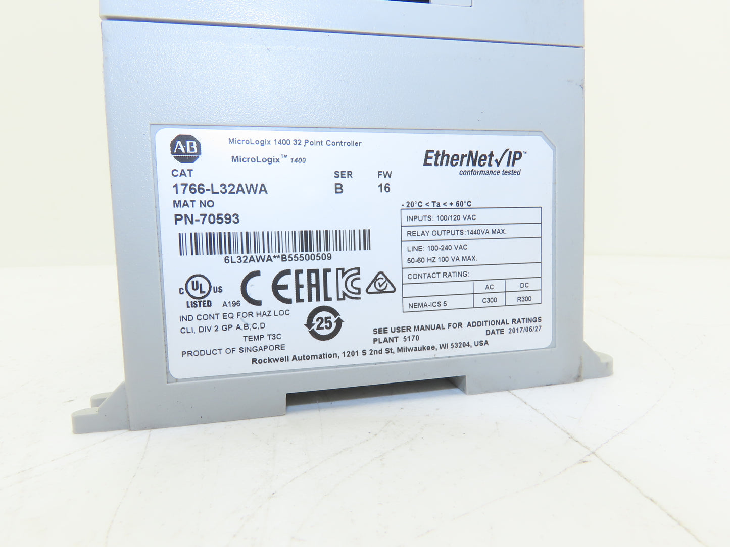 Allen Bradley 1766-L32AWA MicroLogix 1400 Controller Module 32 Point Ser B FW 16