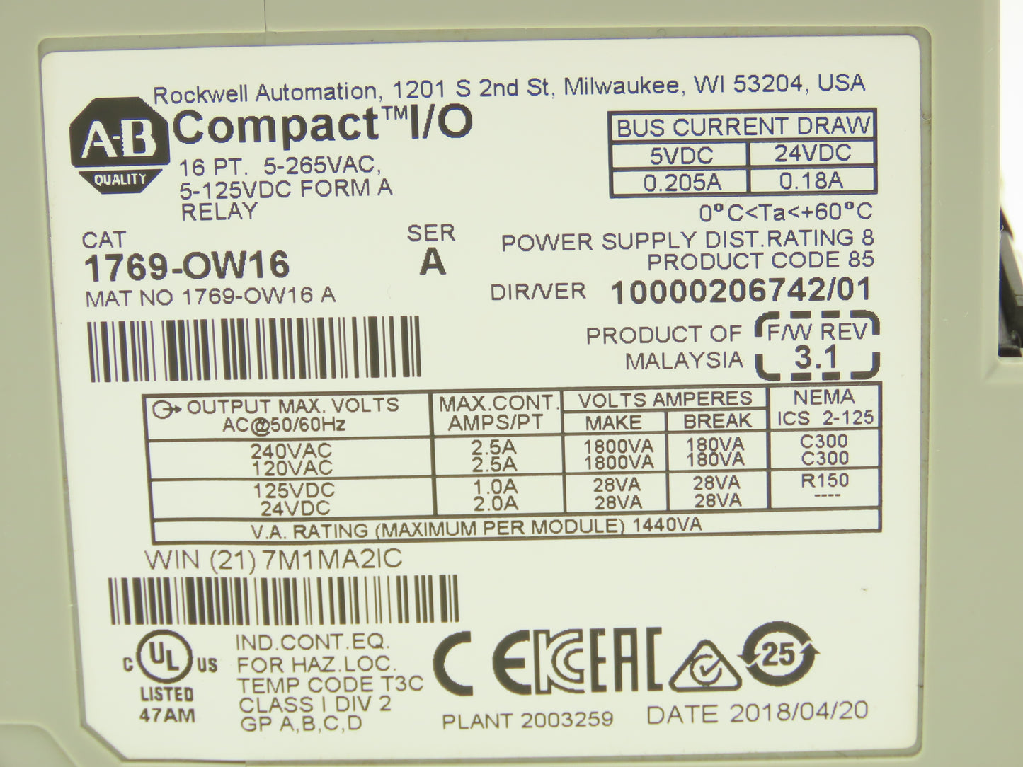 Allen Bradley 1769-OW16 Compact 16 Point Output Relay Module Ser A FW 3.1