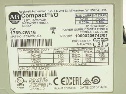 Allen Bradley 1769-OW16 Compact 16 Point Output Relay Module Ser A FW 3.1
