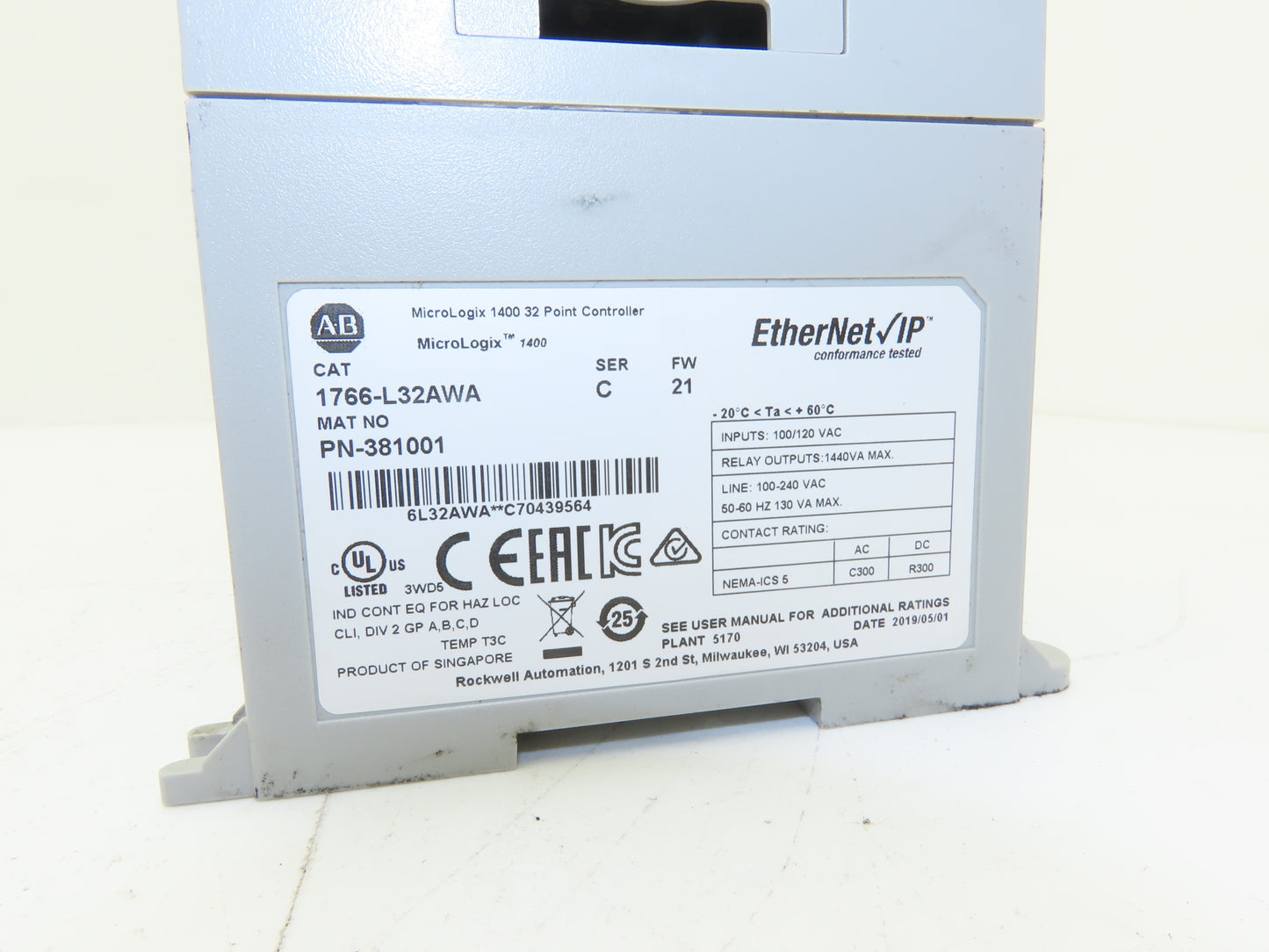 Allen Bradley 1766-L32AWA MicroLogix 1400 Controller Module 32 Pt Ser C Fw 21