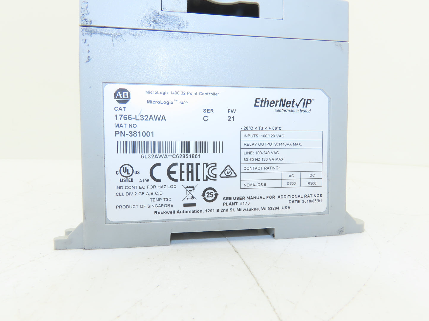 Allen Bradley 1766-L32AWA MicroLogix 1400 Controller Module 32 Pt Ser C FW 21