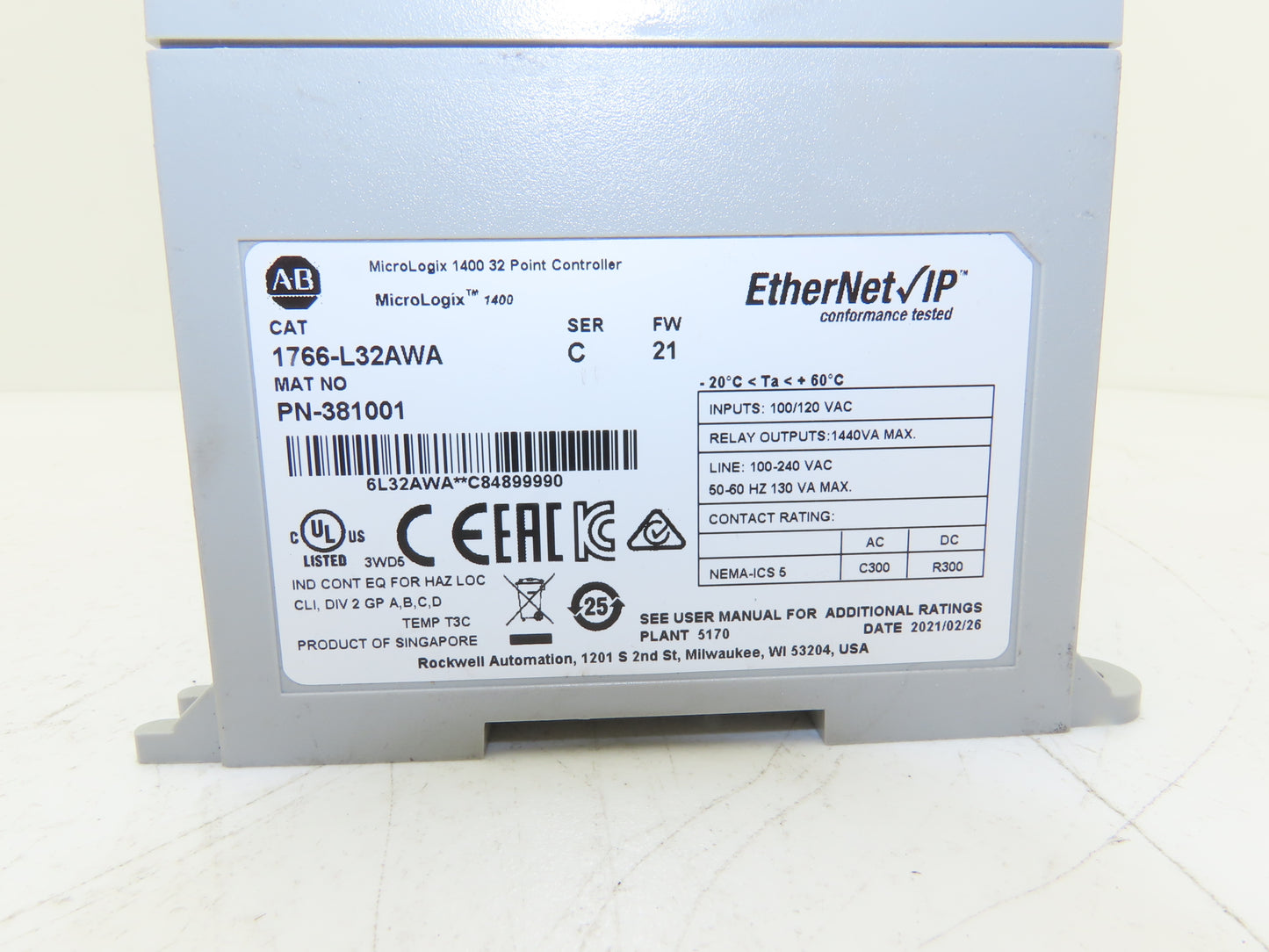 Allen Bradley 1766-L32AWA MicroLogix 1400 Controller Module 32 Pt Ser C FW 21